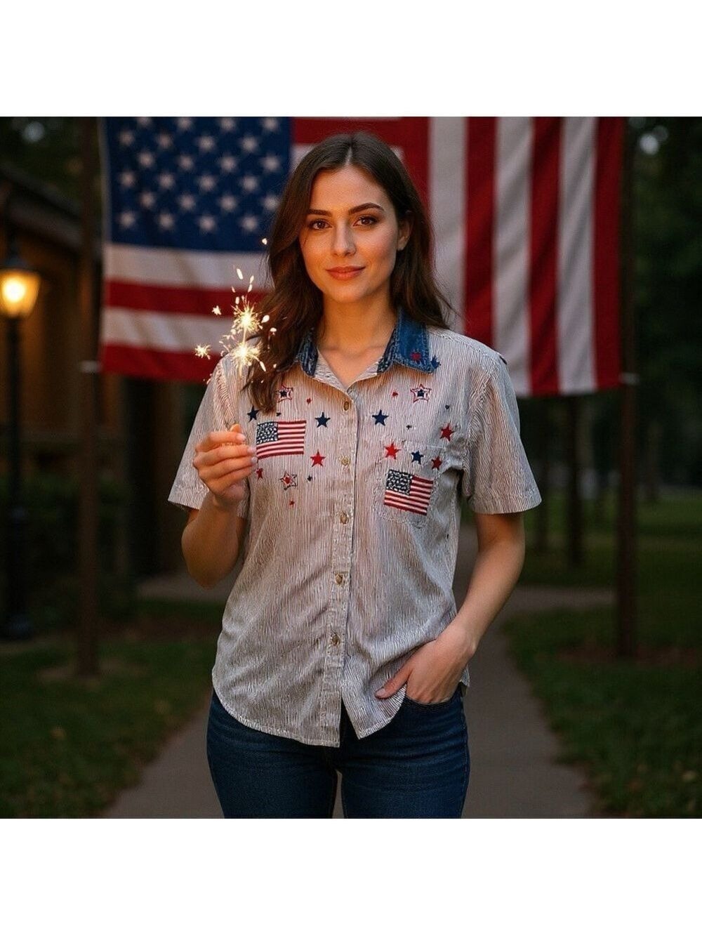 Vintage Quizz Again & Co. Flag Patriotic Cotton Embroidered Shirt Holiday USA